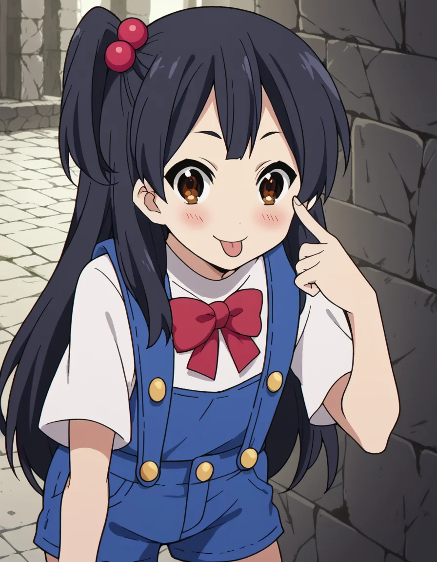 score_9, score_8_up, score_7_up, source_anime, <lora:anko-kitashirakawa-s1-ponyxl-lora-nochekaiser:1>, anko kitashirakawa, long hair, black hair, hair ornament, brown eyes, one side up, hair bobbles,, suspenders, shirt, white shirt, bowtie, red bowtie, buttons, shorts, blue shorts,, ruins, old, stone, history, fallen, smile, <lora:akanbe-ponyxl-lora-nochekaiser:1>, akanbe, eyelid pull, finger to eye, tongue out, :p, tongue, ;p, blush, leaning forward, bent over, from side,, looking at viewer, solo,, dutch angle, cowboy shot