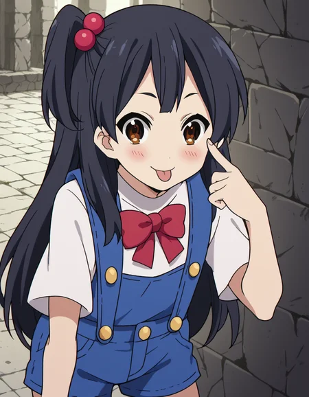 score_9, score_8_up, score_7_up, source_anime, <lora:anko-kitashirakawa-s1-ponyxl-lora-nochekaiser:1>, anko kitashirakawa, long hair, black hair, hair ornament, brown eyes, one side up, hair bobbles,, suspenders, shirt, white shirt, bowtie, red bowtie, buttons, shorts, blue shorts,, ruins, old, stone, history, fallen, smile, <lora:akanbe-ponyxl-lora-nochekaiser:1>, akanbe, eyelid pull, finger to eye, tongue out, :p, tongue, ;p, blush, leaning forward, bent over, from side,, looking at viewer, solo,, dutch angle, cowboy shot