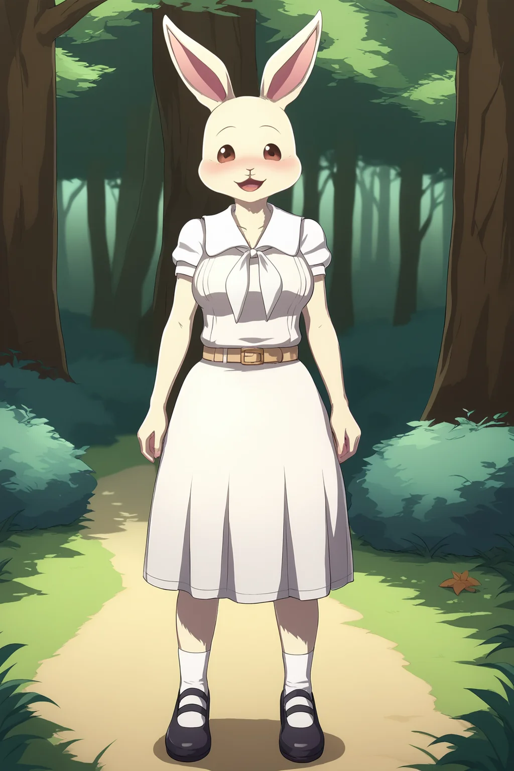 score_9, score_8_up, score_7_up, score_6_up, BREAK, HaruBPXL, anthro furry, furry female, body fur, white fur, brown eyes, animal ears, rabbit ears, medium breasts, white dress, white neckerchief, short sleeves, belt, white skirt, white socks, black shoes, solo, full body, standing, seductive smile, looking at viewer, naughty face, nose blush, forest, tree <lora:HaruBPXL:1>