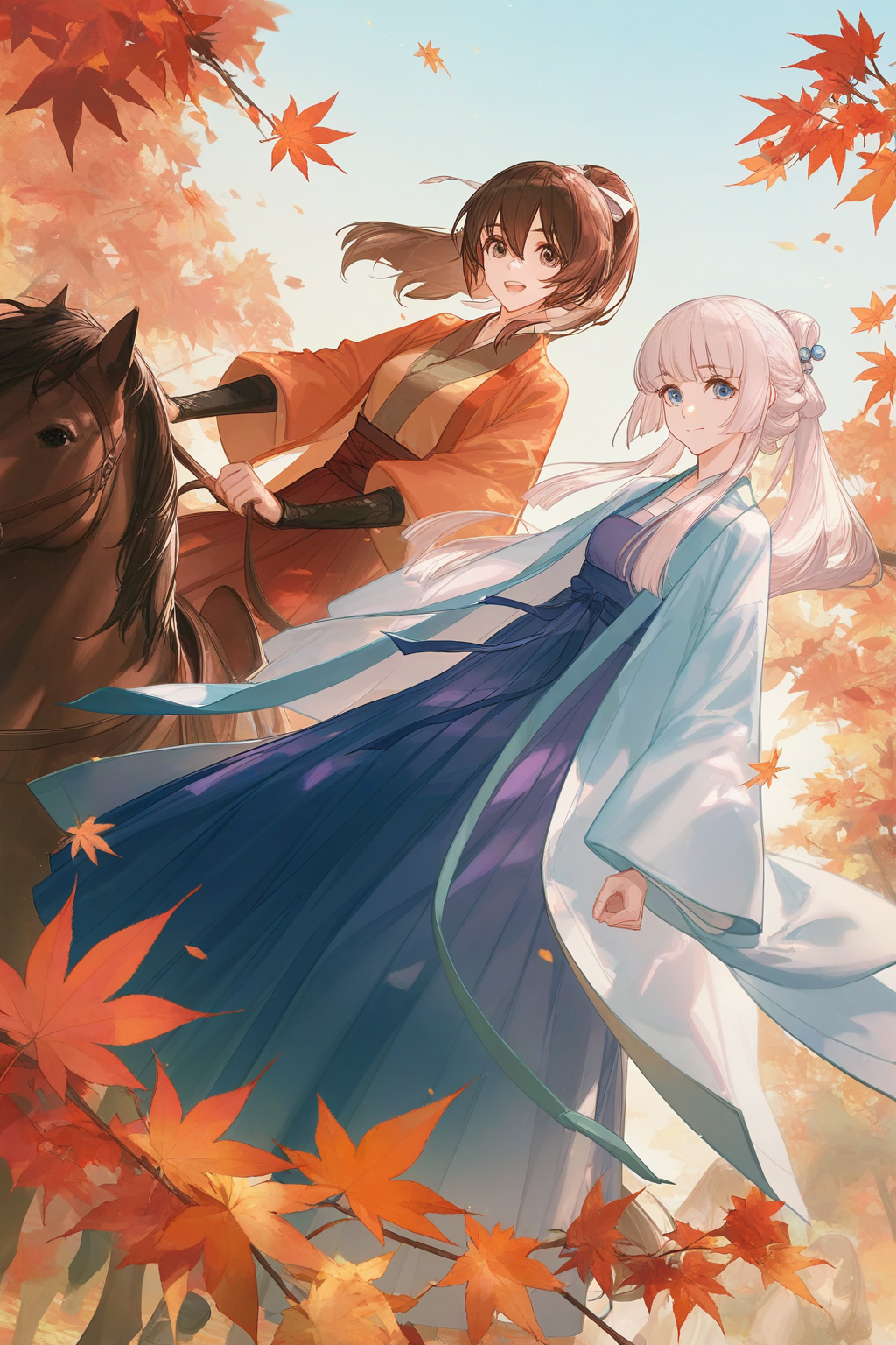 <lora:fenglingyuxiu-000018:0.6>,artist:ask_(askzy),artist:yolanda,[artist:WANKE],artist:ciloranko,multicolored,fenglingyuxiu, 2girls, multiple girls, brown hair, ponytail, brown eyes, long hair, leaf, horse, autumn leaves, white hair, looking at viewer, open mouth, maple leaf, blue eyes, hair between eyes, smile, closed mouth, sidelocks,