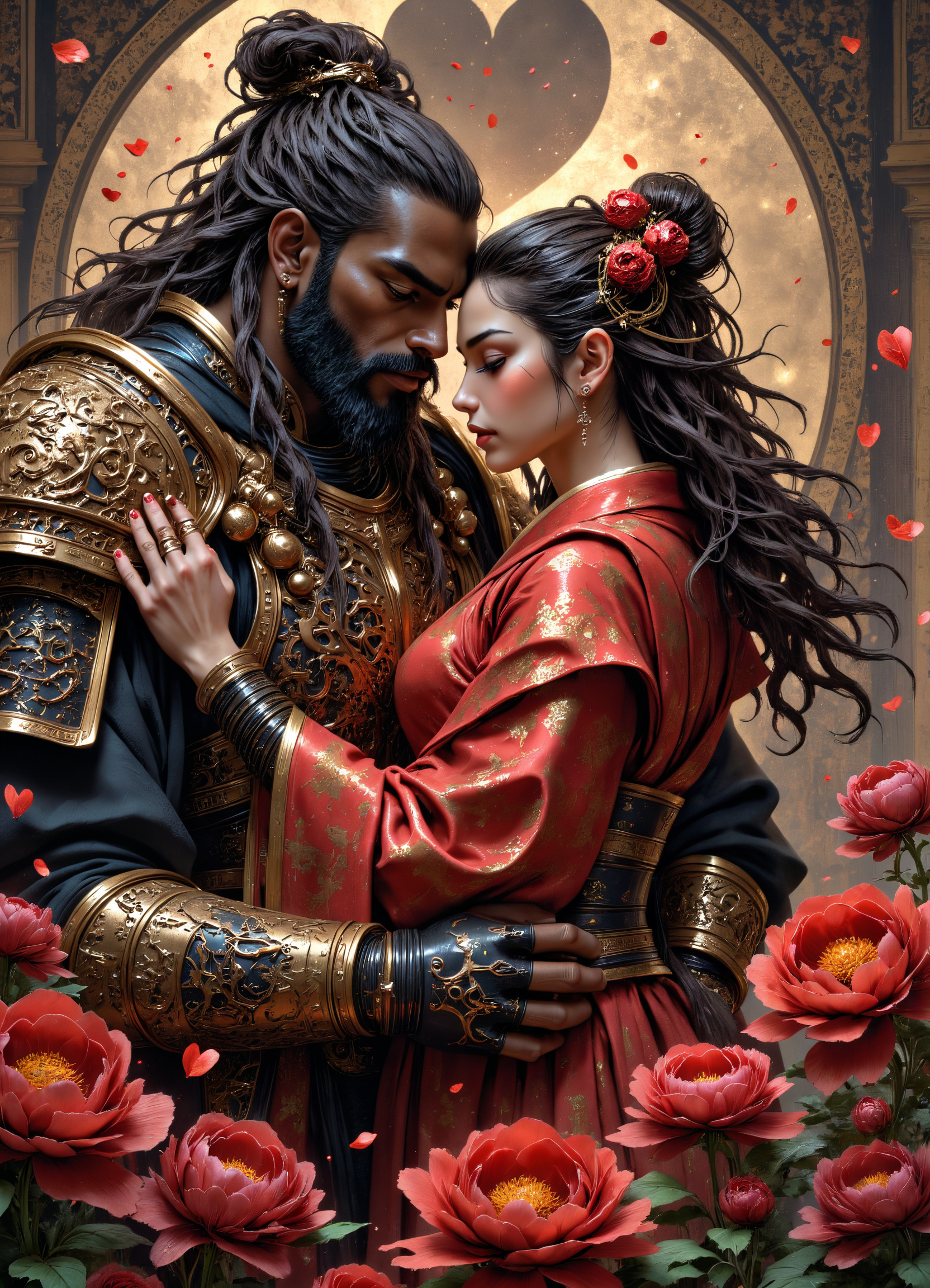 cg,
A romantic, sepia-toned illustration in the style of Neo-Traditional Asian Art, Art Nouveau, and Romantic Fantasy Illustration, blending modern digital painting with elements of traditional East Asian ink painting. The scene depicts a tender embrace between a powerful, battle-worn Black warrior and a graceful East Asian woman in traditional attire. The warrior, clad in intricately detailed black armor with engraved dragon motifs, holds his beloved close, his long, thick dreadlocks flowing with the wind. His face, partially shadowed, carries an expression of deep devotion, his eyes closed as he rests his forehead against hers. His strong jawline is framed by a well-groomed beard, and the texture of his armor is rich with ornate metallic engravings, while dark leather bracers wrap around his wrists, reinforcing his hardened exterior.
The woman, dressed in a flowing red silk robe embroidered with elegant golden patterns, leans into him, her delicate hand resting against his chest. Her dark hair is styled in an intricate updo, adorned with ornate red floral hairpieces, symbolizing love and passion. Her eyes are closed, her lips slightly parted, conveying deep emotion and trust. The fabric of her robe cascades gracefully, intertwining with the warrior's armor, merging their worlds of war and tenderness.
The background is infused with soft, painterly sepia-toned vignettes, giving the scene a timeless, classic Valentine's aesthetic. Surrounding them, floating red hearts drift gently through the air, blending seamlessly with delicate red petals that swirl around them. In the foreground, a bed of vibrant red peonies blooms, their intricate petals rich in detail, symbolizing deep love and unwavering commitment. Among the flowers, heart-shaped chocolates wrapped in delicate gold foil are scattered, adding a subtle touch of indulgence and romance.
The lighting is warm and diffused, casting a soft golden glow over their skin, enhancing the intimate atmosphere. The composition balances warrior strength with delicate devotion, merging the commanding presence of a warrior with the elegance of his beloved in a breathtaking, emotional moment.