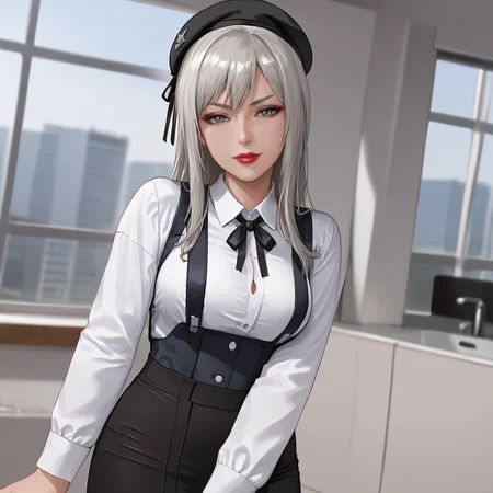 <lora:araneaff15_pony_v1:.8> aranea, 1girl, large breasts, long hair, grey eyes, lace, grey hair,, lipstick,eyeshadow, standing cowboy shot,  <lora:0902 Home wear 5_v1_pony:1> ruanyi0902,beret,black ribbon,collared shirt,black pantyhose,high-waist skirt,white shirt,suspenders
