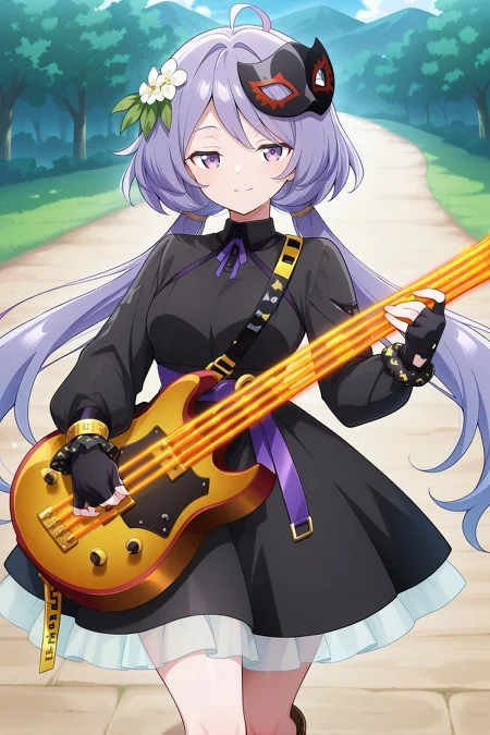 absurdres, highres, masterpiece, best quality, amazing quality, official anime artwork, screencap, anime screencap, outdoors, looking at viewer, dynamic pose, light smile,
<lora:Tsukumo-Benben_Illustrious:1> tsukumo benben, 1girl, solo, purple eyes, purple hair, long hair, twintails, ahoge,, tsukumo benben \(rebel biwa bassist\), alternate costume, hair flower, white flower, black dress, puffy long sleeves, frilled skirt, waist bow, purple bow, black gloves, fingerless gloves, brown boots, black mask, mask on head, holding bass guitar, wrist scrunchie, black scrunchie,