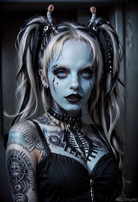 score_9, score_8_up, score_7_up, BREAK
Aesthetic: ((goth, dark, macabre, subculture, fashion, music):1.4) BREAK,
lighting: Chiaroscuro Lighting Style, detailed, clean, urban scenery, ink BREAK
Quality: intricate, highly detailed, sharp focus, realistic, 8k BREAK
Appearance: (22 years old), white girl, andorian girl, blue eyes, detailed eyes, big eyes, perfect eyes, twintails, white hair, violet highlights, BREAK
(good quality:0.996), BREAK