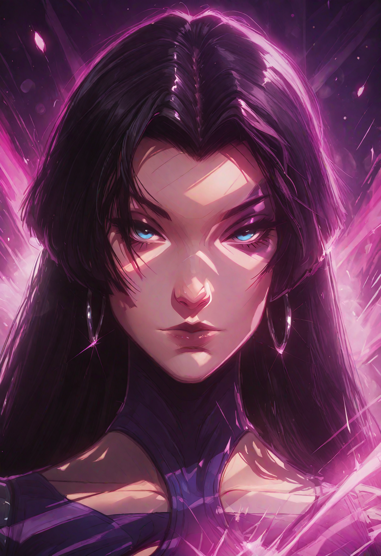 best quality, masterpiece, highly detailed, BREAK,
psylocke_vengeance, blue eyes, black hair, straight hair, long hair, hoop earrings, jewelry, purple leotard, BREAK,
face focus, close up, bokeh, luminescent background, volumetric lighting, raytracing, <lora:PsylockeVengeance_Illu_Dwnsty:1.0> <lora:RealisticAnimeIXL_v2:0.8> <lora:Dramatic_Lighting_Slider:0.45>