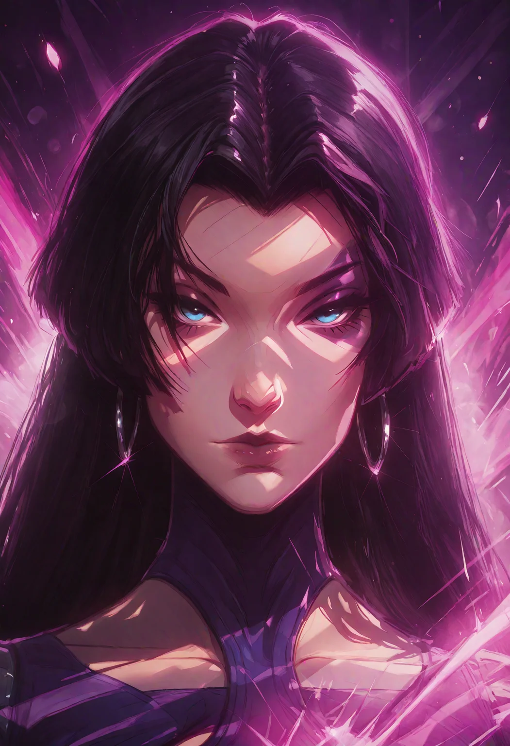 best quality, masterpiece, highly detailed, BREAK,
psylocke_vengeance, blue eyes, black hair, straight hair, long hair, hoop earrings, jewelry, purple leotard, BREAK,
face focus, close up, bokeh, luminescent background, volumetric lighting, raytracing, <lora:PsylockeVengeance_Illu_Dwnsty:1.0> <lora:RealisticAnimeIXL_v2:0.8> <lora:Dramatic_Lighting_Slider:0.45>