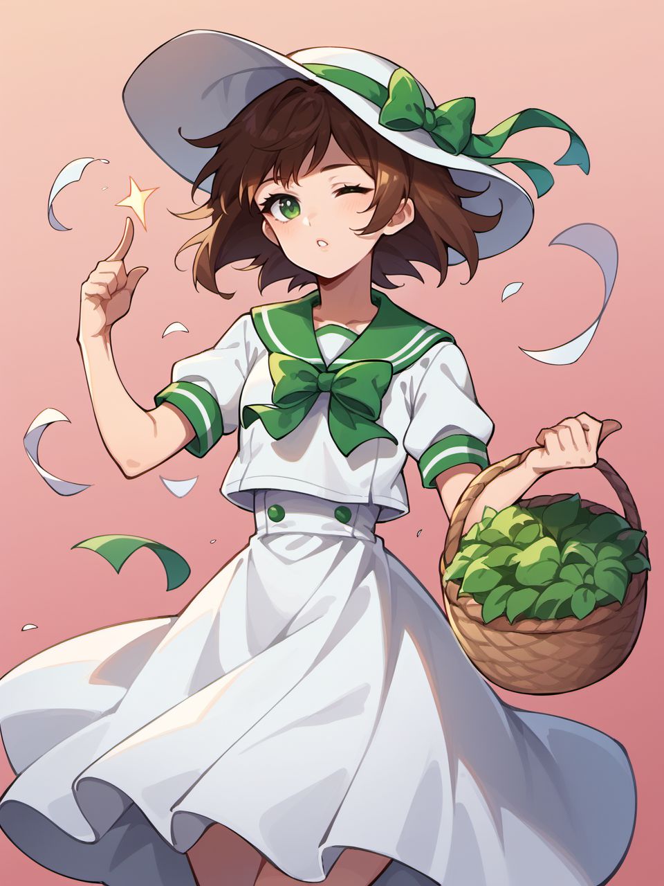 score_9, score_8_up, score_7_up, score_6_up,
sleepyfrippystyle, 1girl, basket, bow, brown hair, dress, gradient, gradient background, green bow, green bowtie, green eyes, green ribbon, hat, holding, holding basket, looking at viewer, one eye closed, parted lips, pink background, ribbon, sailor collar, short hair, short sleeves, solo, white dress, wind,
<lora:sleepy_frippy_style_v1:0.8>,