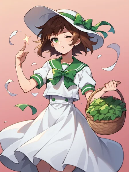 score_9, score_8_up, score_7_up, score_6_up,
sleepyfrippystyle, 1girl, basket, bow, brown hair, dress, gradient, gradient background, green bow, green bowtie, green eyes, green ribbon, hat, holding, holding basket, looking at viewer, one eye closed, parted lips, pink background, ribbon, sailor collar, short hair, short sleeves, solo, white dress, wind,
<lora:sleepy_frippy_style_v1:0.8>,