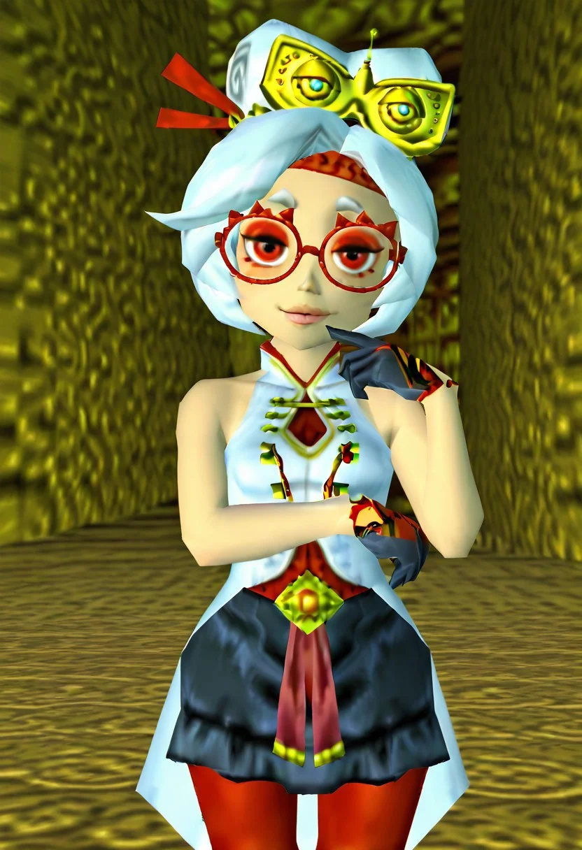 purah, white hair, red eyes, hair ornament, red headband, red glasses, sleeveless shirt, white coat, black skirt, red leggings, looking at viewer, smug, abstract background, gloves, lips, cowboy shot,