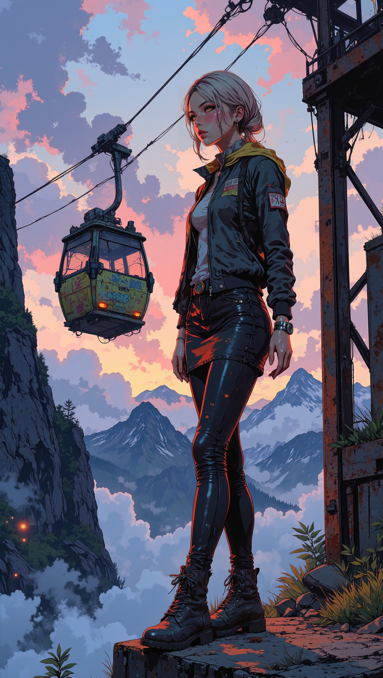 High-resolution semi-realistic anime illustration, crisp black outlines, expressive shading, rich natural lighting. A young woman stands on the edge of a rusted, abandoned cable car station, high in the mountains, the fog rolling in beneath her feet like a sea of clouds. One hand rests on a frayed steel cable, the other tucked into the pocket of her fitted bomber jacket, the wind pressing the fabric against her figure. Her platinum-blonde hair is styled into loose, layered twin braids, strands escaping to dance in the crisp mountain air. She wears a sleek, asymmetrical high-slit skirt over form-fitting leggings, paired with sturdy lace-up boots dusted with dried mud. Her amber eyes glint with quiet curiosity, lips slightly parted as she gazes out at the distant peaks, bathed in the last golden rays of sunlight. The skeletal remains of the stationâtwisted cables, rusted beams, shattered glassâframe her figure, while an old, graffiti-covered cable car dangles precariously in the distance, its windows reflecting the deepening purples and blues of the sky. Painterly brushstrokes blend soft atmospheric fog, rugged earth tones, and glowing sunset highlights, evoking a dreamlike yet hauntingly beautiful scene. <lora:Niji_anime_style_flux:0.6> <lora:Vibrantly_Dark_style_v.1:0.8> <lora:PinkieSoftcoreAnimeFLUX:1.0>