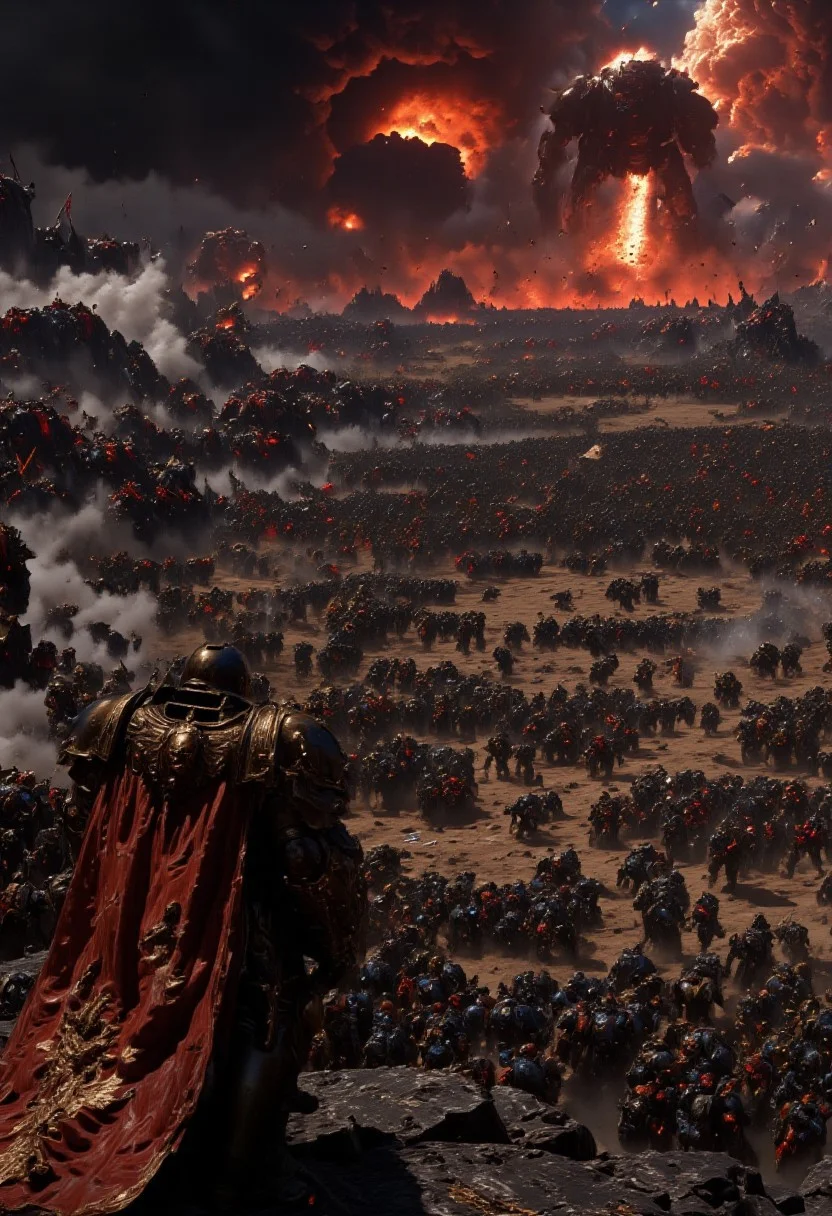 A loyal space marine clad in black and red space marine armor, stands on a cliff overlooking a large battle scene between armies of loyal and chaos space marines. In his right hand hes holding a bolt gun with smoke rising from its barrel. The battlefield below is raging, with thousands of space marines and several titans figting each other in the far distance, there are several explosions on the battlefield. An eerie red glow coming from the horizon as if the sun is bleeding into the sky. The style is dark fantasy, with a haunting, war-torn atmosphere.    <lora:dark_fantasy_flux:0.83> <lora:FredFraiStyle-FLUX-Share:0.63> <lora:sxz-Dark-Fantasy-v2-Flux:0.33> drkfnts style, <lora:flux.1_lora_flyway_Epic-Characters_v1:0.43>