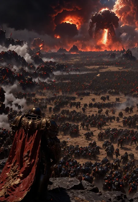 A loyal space marine clad in black and red space marine armor, stands on a cliff overlooking a large battle scene between armies of loyal and chaos space marines. In his right hand hes holding a bolt gun with smoke rising from its barrel. The battlefield below is raging, with thousands of space marines and several titans figting each other in the far distance, there are several explosions on the battlefield. An eerie red glow coming from the horizon as if the sun is bleeding into the sky. The style is dark fantasy, with a haunting, war-torn atmosphere.    <lora:dark_fantasy_flux:0.83> <lora:FredFraiStyle-FLUX-Share:0.63> <lora:sxz-Dark-Fantasy-v2-Flux:0.33> drkfnts style, <lora:flux.1_lora_flyway_Epic-Characters_v1:0.43>