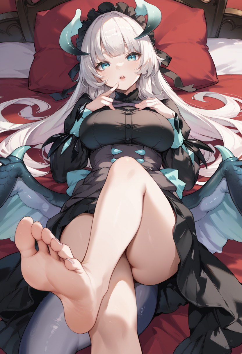 (score_9:0.9),score_8_up,score_7_up,rating_safe,anime style,(zPDXL),<lora:Chamber dragonmaid ponyXL v1:0.76>,chamber dragonmaid,1girl,solo,looking at viewer,black maid dress,black mob cap,large breasts,royal bedroom,lying,dragon wings,toes,soles,barefoot,bare legs,open mouth,on back,parted lips,<lora:feet_anime_pony_v2:0.6>,