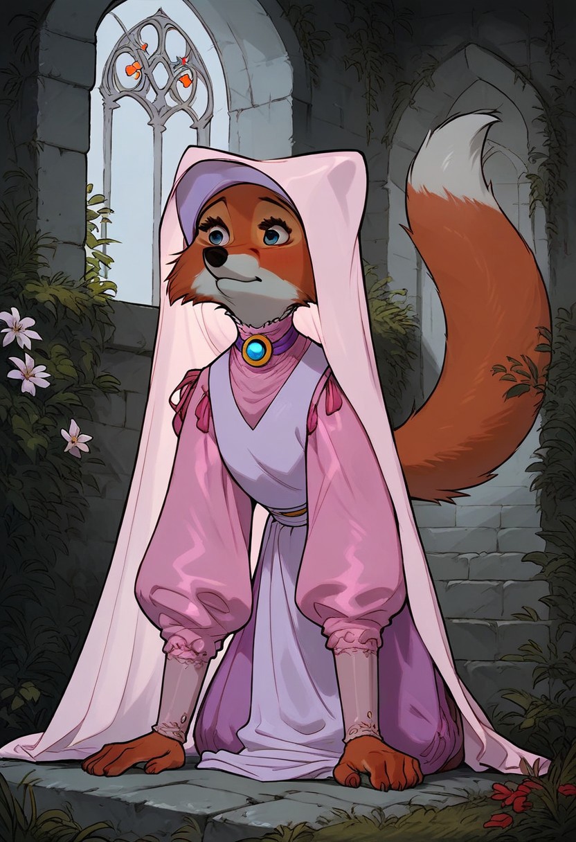 score_9, score_8_up, score_7_up, score_6_up, 1 anthro fox girl, Maid Marian, sexy face, cute face, blue eyes, hazel eyes shy , nose blush, medium boobs, chest up, grey fur, bald, fullbody, looking side, (medieval church background:1,2), side, full body view,  crawling on all fours, strong feeling