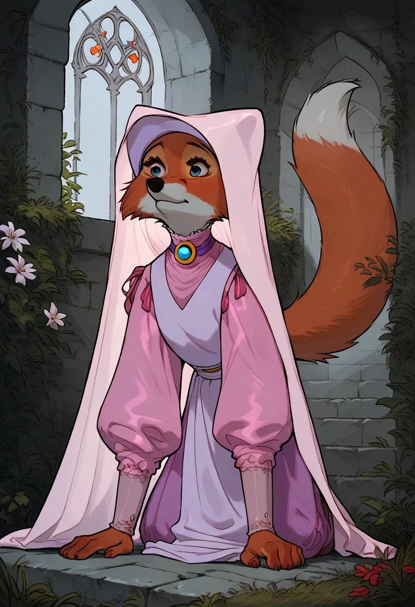 score_9, score_8_up, score_7_up, score_6_up, 1 anthro fox girl, Maid Marian, sexy face, cute face, blue eyes, hazel eyes shy , nose blush, medium boobs, chest up, grey fur, bald, fullbody, looking side, (medieval church background:1,2), side, full body view, crawling on all fours, strong feeling