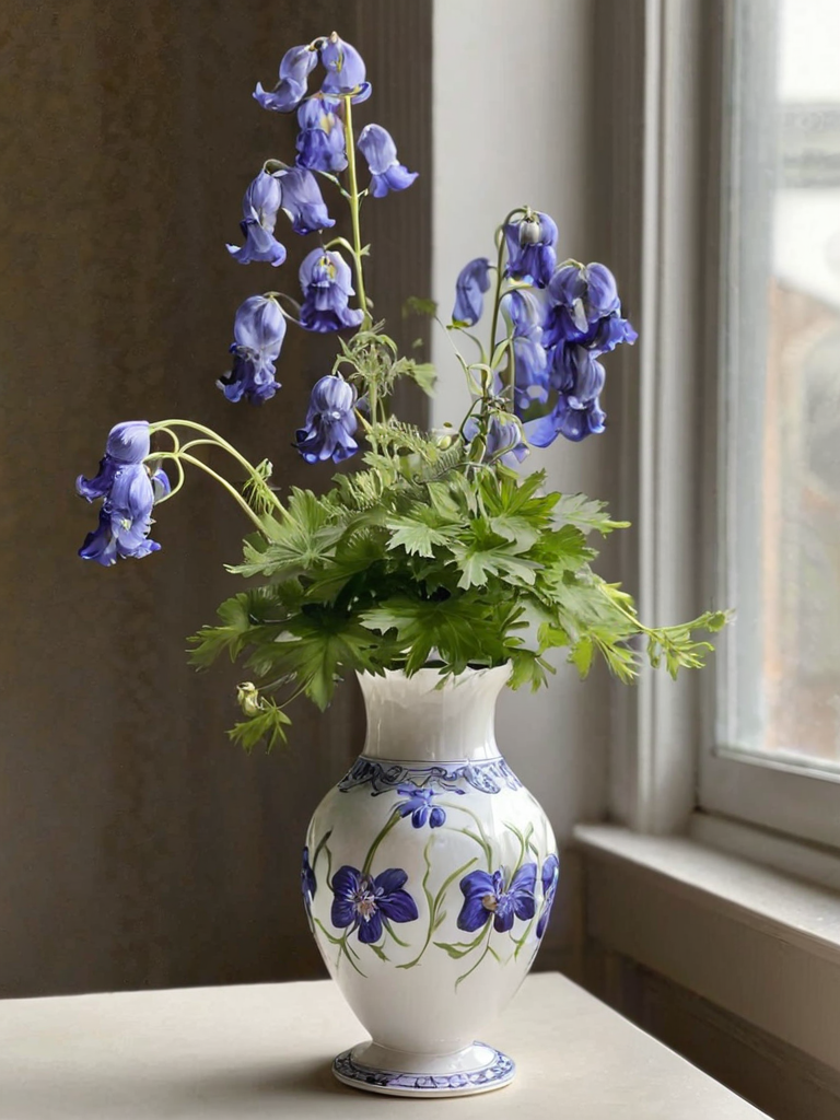 detailed,  Monkshood by ingrid-elias-style in a white flower vase, in a room, sitting on a table with a  window in one wall<lora:ingrid_elias_style:0.8>