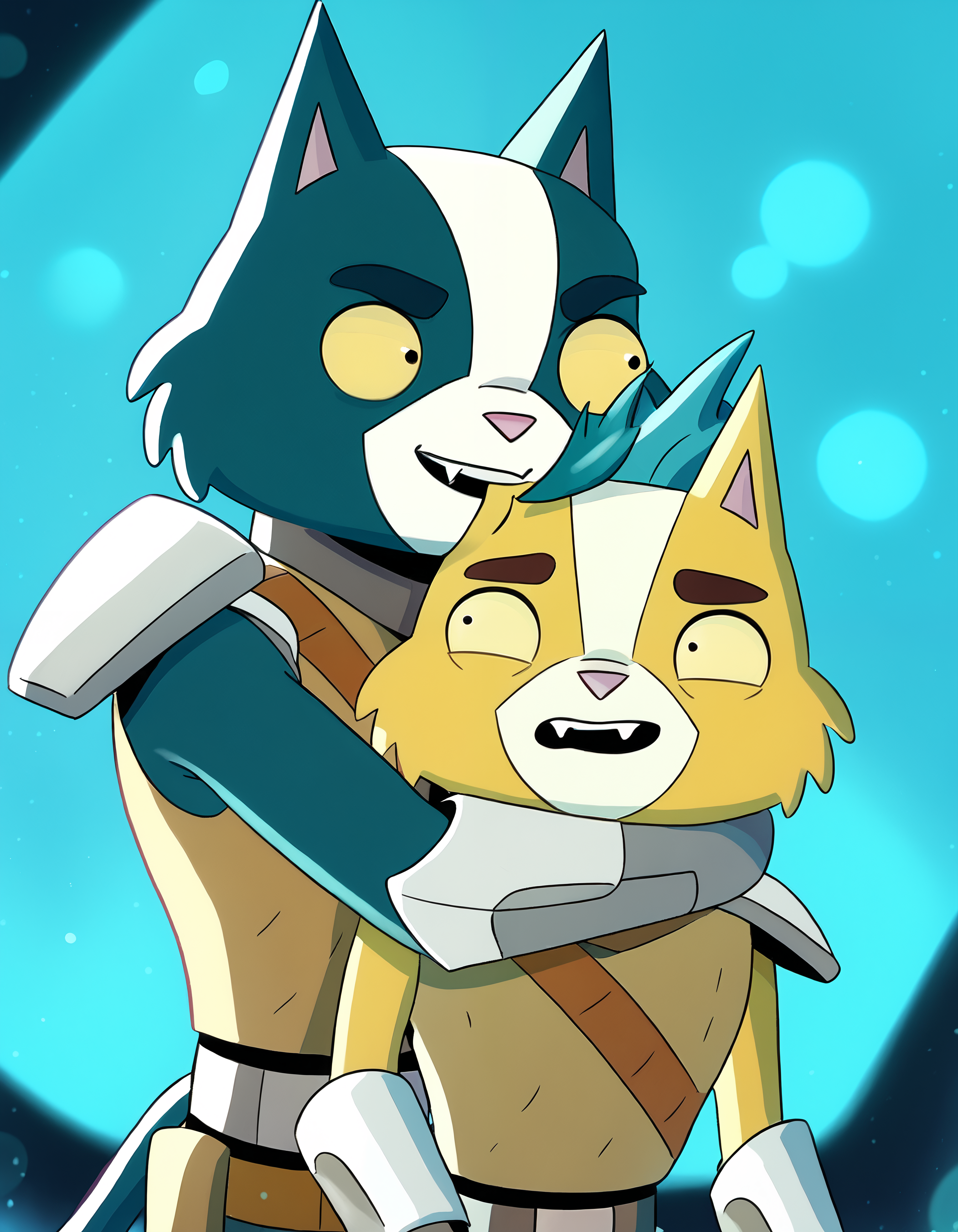 score_9, score_8_up, score_7_up, rating_safe,  detailed, <lora:add-detail-xl:1>, dutch angle, anthro, detailed body, hi res, hug, (looking to another, eye contact:1.15), <lora:Little_Cato_Final_Space:1.0>, <lora:Avocato_Final_Space:1.0>, av0cato, cat, multiple boys, 2boys, animal ears, furry male, open mouth, furry, fangs, colored sclera, male focus, cat ears, armor, yellow eyes, black eyes, cat boy, yellow sclera, sleeveless, standing, smile, teeth BREAK little cato, white sclera, yellow fur, blue hair, lens flare, (looking to another:1.15)  (detailed background, starship:1.25)