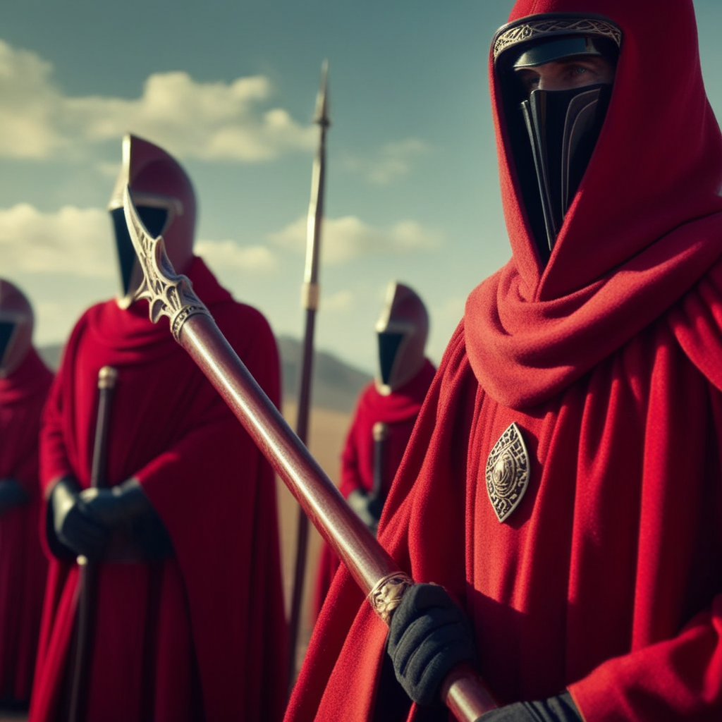 cinematic film still of  <lora:Crimson Guard:1.5>
Crimson Guard a person in a red robe holding a pike, shallow depth of field, vignette, highly detailed, high budget, bokeh, cinemascope, moody, epic, gorgeous, film grain, grainy