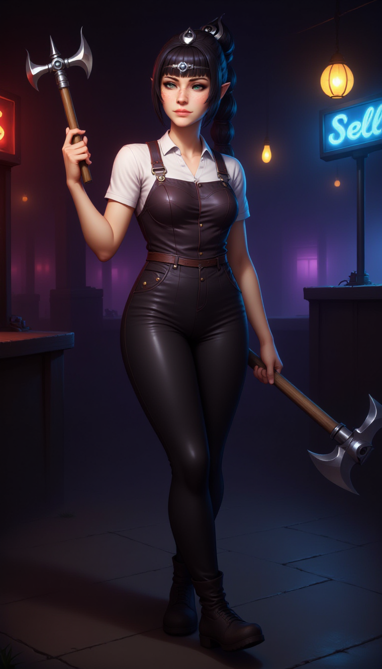 A female character (wearing a car mechanic overalls:1.2). She wears a (top hat:1.4). In her hand is a battle axe. The woman is doing a Selling activity in a nightclub location. A full body front and side view. Highly detailed young fantasy woman with fantasy aesthetic. She has freckles, pointy ears, large, expressive blue eyes. She has pink.