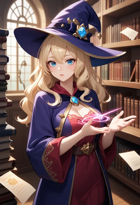 score_9, score_7_up, score_8_up, score_6_up, score_5_up, fantasy, library
BREAK leander, wizard hat, wizard robe, wand, magic user, casting spell, surprise
<lora:Leander-AzurLane_ponyXL_v10:0.7>