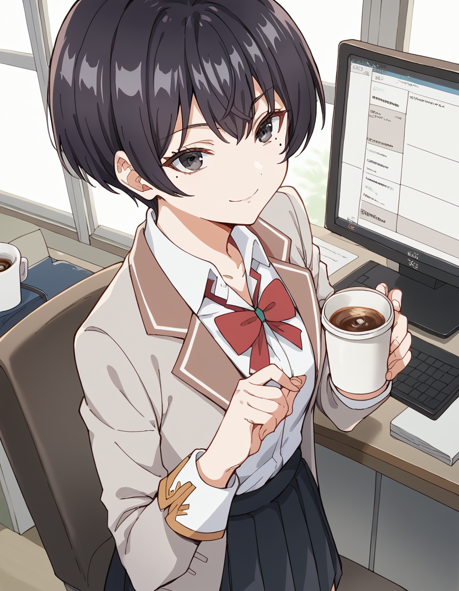 score_9, score_8_up, score_7_up, source_anime, <lora:chisaki-sarashina-s1-ponyxl-lora-nochekaiser:1>, chisaki sarashina, black eyes, black hair, mole, mole under eye, short hair,, shirt, bow, school uniform, jacket, white shirt, collared shirt, bowtie, red bow, blazer, red bowtie, black skirt, pleated skirt,, home office, working from home, computer screen, coffee cup, focus, deadline, , , smile, from above,, solo,, cowboy shot, dutch angle