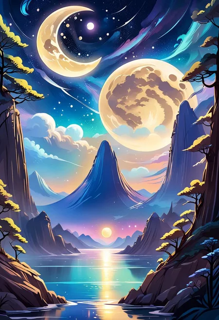 Astral Winds Illuminates amid the Starlit Enclave in the style of Rei Hiroe, moon, nogh scenery