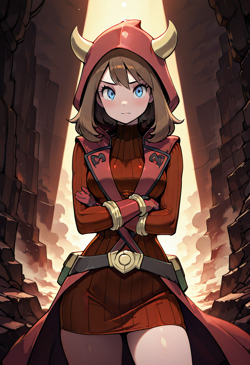 masterpiece, best quality, solo, curvy, beautiful eyes,  zzMayMagCitron, blue eyes, brown hair, medium hair, red dress, red gloves, hood up, fake horns, ribbed dress, ,<lora:MayMagmaPokemonCitron_IXL:1.0>, arms crossed, head tilted, cowboy shot, confident look, shiny skin, looking at viewer,
