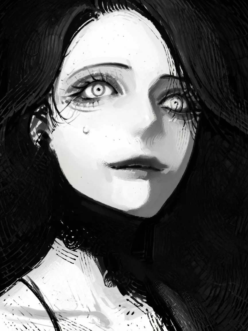score_9, score_8_up, score_7_up, score_6_up, score_5_up, <lora:NxhqtXLP:1> nxhqt, greyscale, monochrome, 1girl, portrait,
