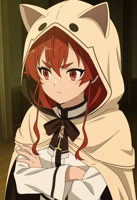 <lora:Eris Greyrat_illustrious-000016:1>,
Eris Greyrat, solo, hood, crossed arms, animal hood, closed mouth, hood up, upper body, long sleeves, cloak, shirt, hooded cloak, white shirt, thick eyebrows, cape, indoors, fake animal ears, cat hood, animal ears, anime screencap