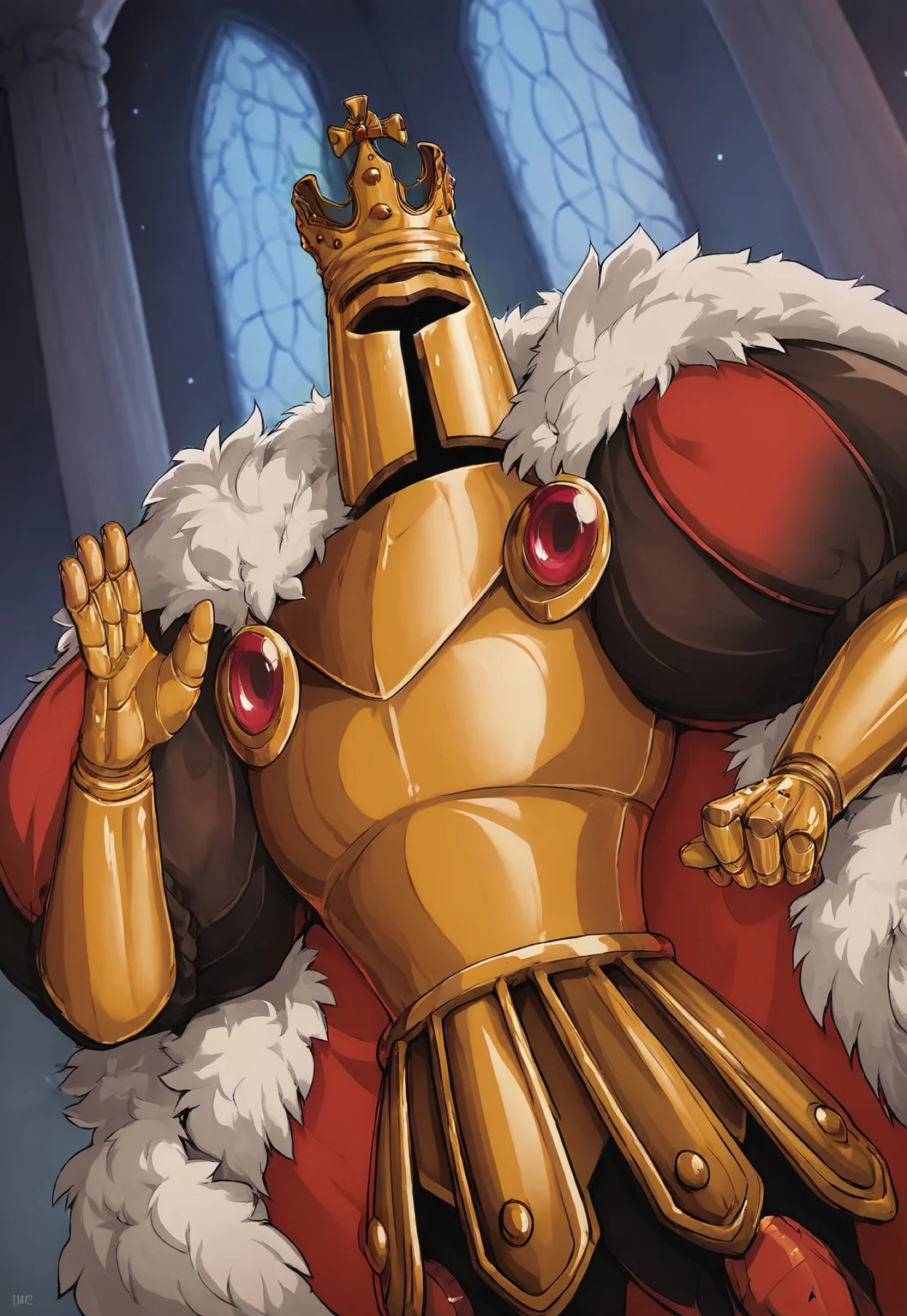 score_9, score_8_up, KingKnightSW, red cape, fur trim, armor, helmet, crown, gauntlets, looking at viewer, throne room, portrait, window, night, detailed background, dynamic pose,
