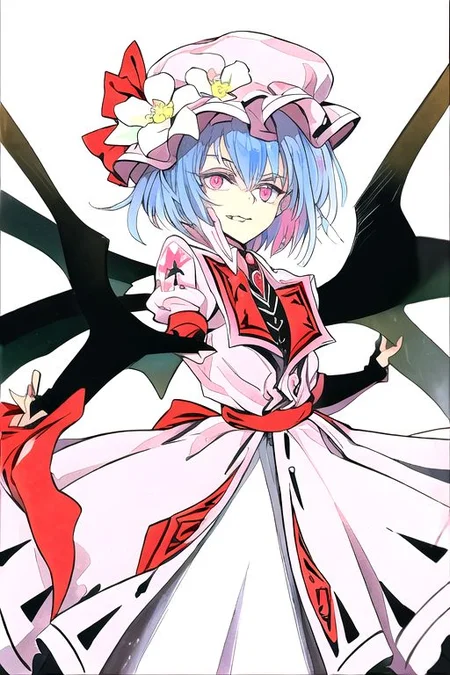 solo, 1girl, solo_focus, ((too many)):16,
watercolor (medium), traditional media,
remilia_scarlet_(koumajou_densetsu), solo, 1girl, smile, short_hair, shirt, red_eyes, bow, blush, hat, ribbon, dress, hair_ornament, frills, blue_hair, jewelry, puffy_sleeves, short_sleeves, red_bow, wings, mob_cap, nail_polish, pink_eyes, flower, ascot, pantyhose, sidelocks, detached_sleeves, hat_ribbon, shoes, pointy_ears, grin, wrist_cuffs, bat_wings, sword, fingernails, white_headwear, black_pantyhose, high_heels, hat_bow, collar, fang, sash, black_gloves, choker, petals, white_dress, fingerless_gloves, polearm, lips, hair_flower, expressionless, frilled_sleeves, hat_flower, brooch, pink_dress, red_sash, armband, sharp_fingernails, frilled_dress, collared_dress, coat, wing_collar, red_footwear, spear_the_gungnir, long_fingernails, light_purple_hair, eyelashes, bridal_gauntlets, cross, clenched_teeth,