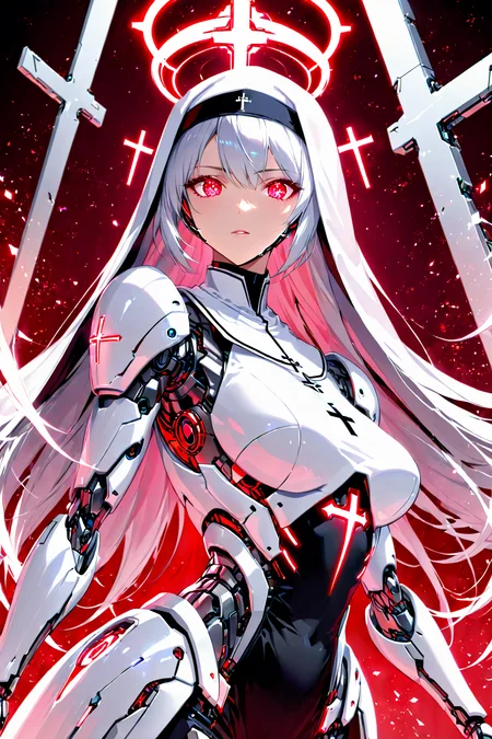 Jed-rbt, (Masterpiece:0.9), best quality, (illustration, incredibly absurdres:0.95), ultra detailed, 1girl, cinematic angle, nun, glowing eyes, crosses, delicate frame, cyborg, gun, armed, Weapons, luminescence, (cinematic shadows, depth of field:0.95), [(gradation background:1.2)::0.2], (Red and black background:1.2), [<lora:loraeyesxl:1.15>::0.5], [:<lora:detailed_hands:1.2>:0.5], <lora:RoboStyle:1>