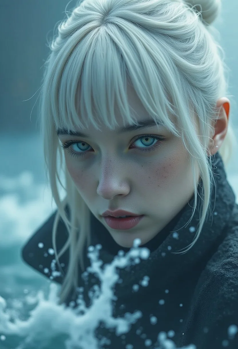 ultra close up face, look the viewer, half face focused, a young woman with white hair, hair bun, long bangs, Korean, covering the face with coat's collar, sensuous, blue eyes, academic realism, historical subjects, double exposure that shows waves stormy ocean