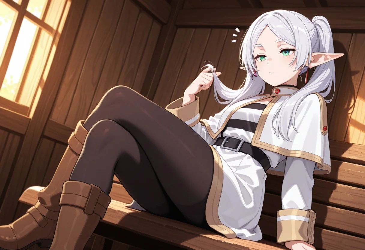 Masterpiece, best quality, ultra-detailed, dynamic pose, dynamic angle, dynamic composition, vibrant colors, high contrast, thick lines, strong shadows, saturated colors, igirl, solo,
frier3n, Pointy ears, pigtails, elf, long hair, green eyes, parted bangs, white hair, white cape, white dress, tights, brown boots,
In a tavern, sitting on a bench, bored, playing with her hair,