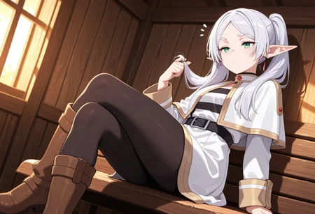 Masterpiece, best quality, ultra-detailed, dynamic pose, dynamic angle, dynamic composition, vibrant colors, high contrast, thick lines, strong shadows, saturated colors, igirl, solo,
frier3n, Pointy ears, pigtails, elf, long hair, green eyes, parted bangs, white hair, white cape, white dress, tights, brown boots,
In a tavern, sitting on a bench, bored, playing with her hair,