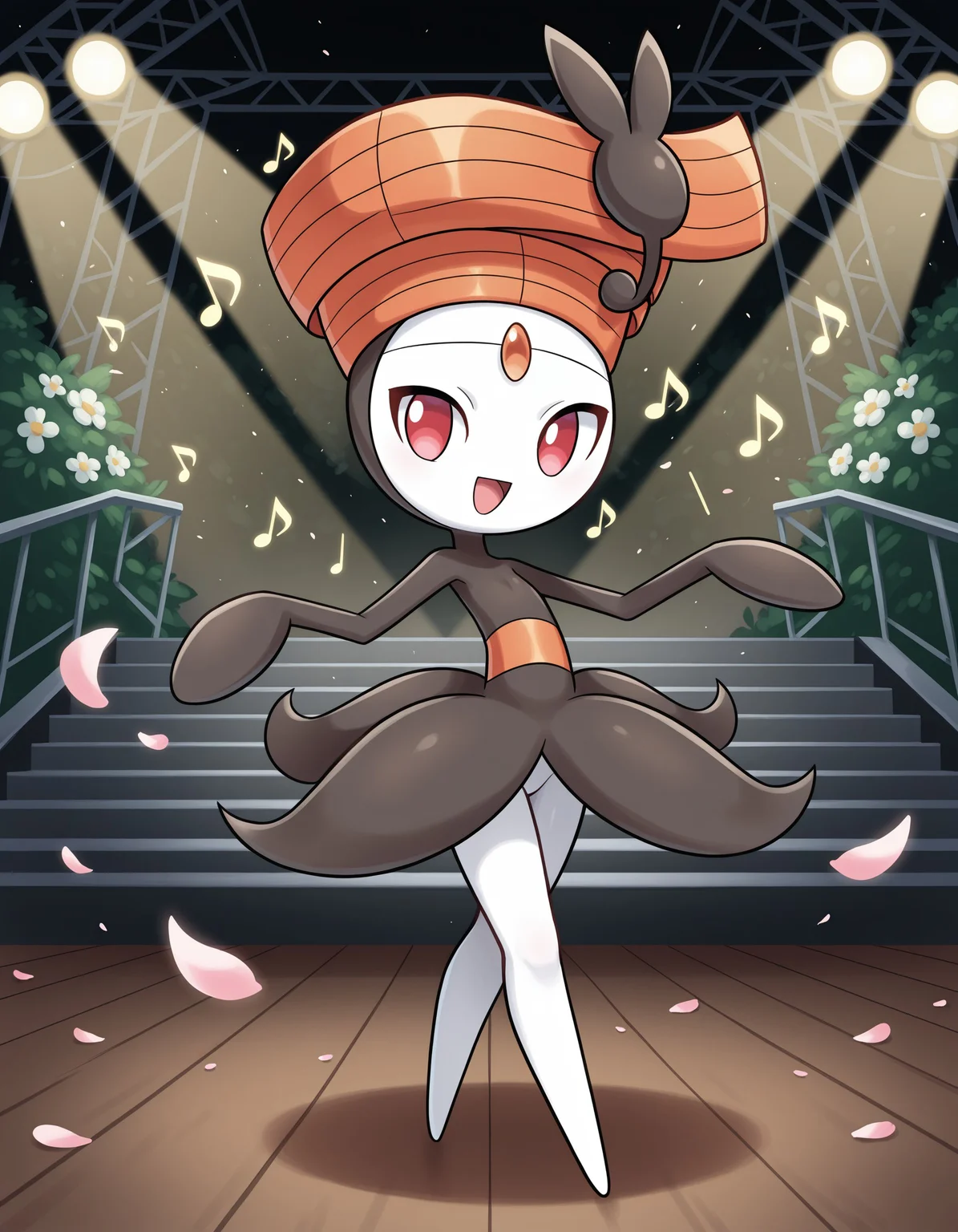 masterpiece, best quality, amazing quality, very detailed, newest, no humans, WnMlttPrtt, white skin, forehead gem, orange hair, red eyes, pokemon \(creature\), full body, looking at viewer, on stage, outdoors, (music notes), spotlights, smile, sunny, flower petals, open mouth, dancing, <lora:81715295-8fd5-4972-8ff0-9f9bc4f123b3:0.9>