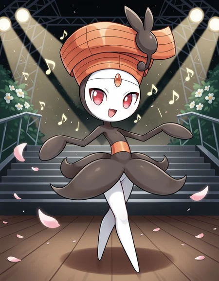 masterpiece, best quality, amazing quality, very detailed, newest, no humans, WnMlttPrtt, white skin, forehead gem, orange hair, red eyes, pokemon \(creature\), full body, looking at viewer, on stage, outdoors, (music notes), spotlights, smile, sunny, flower petals, open mouth, dancing, <lora:81715295-8fd5-4972-8ff0-9f9bc4f123b3:0.9>