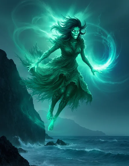 zavy-spctrlglw, Close-up view from below capturing the raging banshee, ethereal winds swirling around her fiercely, a luminous spectral glow illuminating her figure, a stormy cliffside overlooking churning ocean waves, dramatic fantasy photography style with high contrast, vibrant blues and haunting greens.