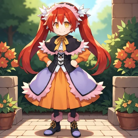 (score_9, score_8_up, score_7_up, score_6_up), source anime, BREAK, <lora:Emilia:0.8> , emidef, 1girl, red hair, long hair, twintails, yellow eyes, pink fur trim, fur-trimmed hairband, fur-trimmed capelet, black capelet, long sleeves, orange sleeves, fur-trimmed dress, purple dress:1.1, skirt under dress, orange skirt, corset, (layered dress), neck ribbon, black leggings, boots, smile, closed mouth, full body, hands on hips, BREAK, <lora:zy_Detailed_Backgrounds_v1:0.4> , detailed background, highly detailed, exterior, garden, courtyard, scenery, flowers,