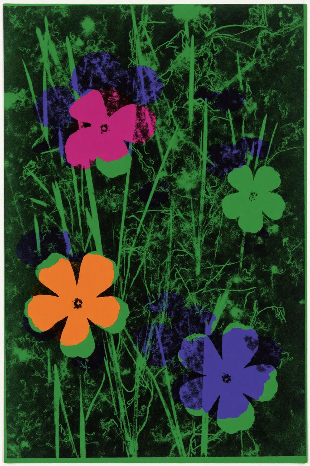 andywarhol1 illustration.
A composition of stylized flowers and foliage on a deep dark green background. There are four main flowers, each brightly colored.
 <lora:andywarhol1_cap_d6a3:1.0><lora:836295077014816369:0>