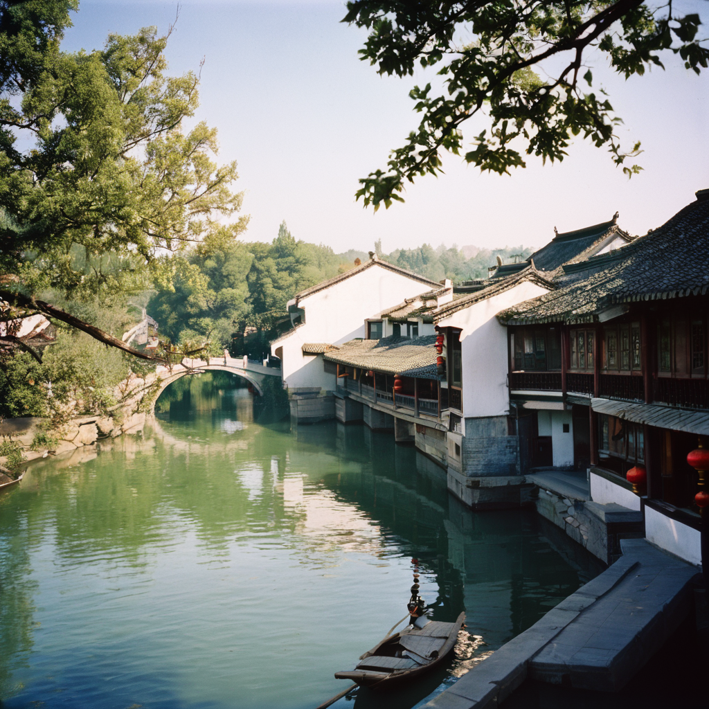 4k,realistic,photograph,analog film photo Deep photo,ferrania p30 film,Kodachrome,grainy,chinese style,daytime,sunny,
a beautiful chinese town,trees,river,bridge,
east asian architecture,<lora:east_asian_architecture:0.85>,