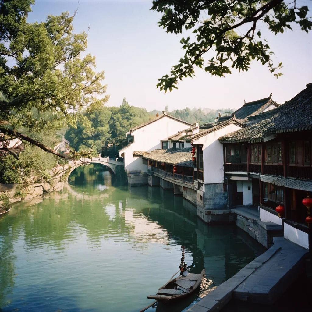 4k,realistic,photograph,analog film photo Deep photo,ferrania p30 film,Kodachrome,grainy,chinese style,daytime,sunny,
a beautiful chinese town,trees,river,bridge,
east asian architecture,<lora:east_asian_architecture:0.85>,