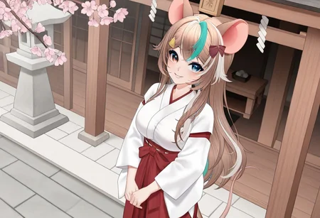 ((masterpiece, best quality, absurdres, highres, newest, very aesthetic, extremely detailed, very away, year 2025, detailed background, perfect anatomy, surreal)),detailed ,<lora:xmc_v0.3_noobai_cwhj_946906:0.8>,<lora:illustrious_best_quality_v1_1021798:0.8>,<lora:add-detail-xl:0.9>, break,<lora:Nastra_Moonlight_Vtuber:0.8>,nastraillusv1,1girl,solo,animal ears, breasts,brown hair,streaked hair,multicolored hair,long hair,mouse ears, mouse tail,white hair,heterochromia,hair ornament,bangs,blue eyes,virtual youtuber, anime coloring, shrine, sakura garden background, jyojifuku, miko,red hakama, view from behind, view from above, smile,