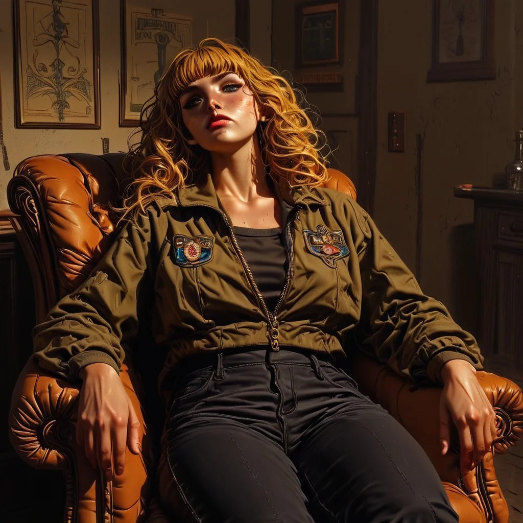 This is a digital drawing in a semi-realistic style, showcasing a young woman sitting in a dusty old green lounge chair. The subject has long curly blonde hair and bangs with a fair complexion with freckles scattered across her cheeks. She wears an unzipped oversized flight jacket with patches on it and a neutral colored deep v-neck blouse underneath. The jacket is slightly wrinkled, adding to the casual, relaxed vibe of the scene. She is wearing black jeans that appear to be worn and fit loosely on her body and are also wrinkled.
The woman is posed casually, lounging in the chair in a relaxed state without a care in the world. 
The background features a room with various liquor bottles that are partially consumed, and the room is painted in a dark hunter green hue, contrasting with the warm, amber-colored lighting that bathes the scene. The lighting casts dramatic shadows, emphasizing the woman's curvy body and the texture of her jacket and shirt. The overall mood of the image is contemplative and somewhat melancholic, enhanced by the warm, muted tones and the woman's introspective posture.
Ultra-detailed, HD, 8K quality, flawless anatomy, and vibrant contrasts that elevate the composition's opulent allure. The image has high contrast where reflected light appears brighter and shadows appear darker which enhances the contrast and hue which results in a visually stunning image that captures the eye easily.