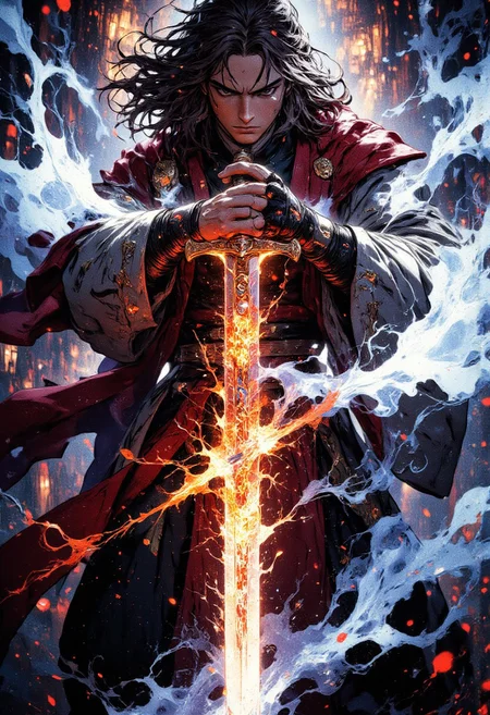 Chinese ink style close-up, super close-up, handsome young man holding a sword, the sword is full of magic elements, shining like an aurora, the transparent white shadow behind the young man is waving the sword, dynamic action style, epic fantasy scene, smoke Special effects, lighting and sound effects, the colorful world of Chinese martial arts, as well as ink paintings, cloud effects, prop optics, magical props, rhythmic backgrounds, Chinese epic style worth learning, oil painting tools, brushes, halo, Chinese gorgeous style, distinctive themes, hyper-realistic hyper-detailed, high detail, rendering, ultra high quality, 8k It is created using digital technology to capture detail and depth.