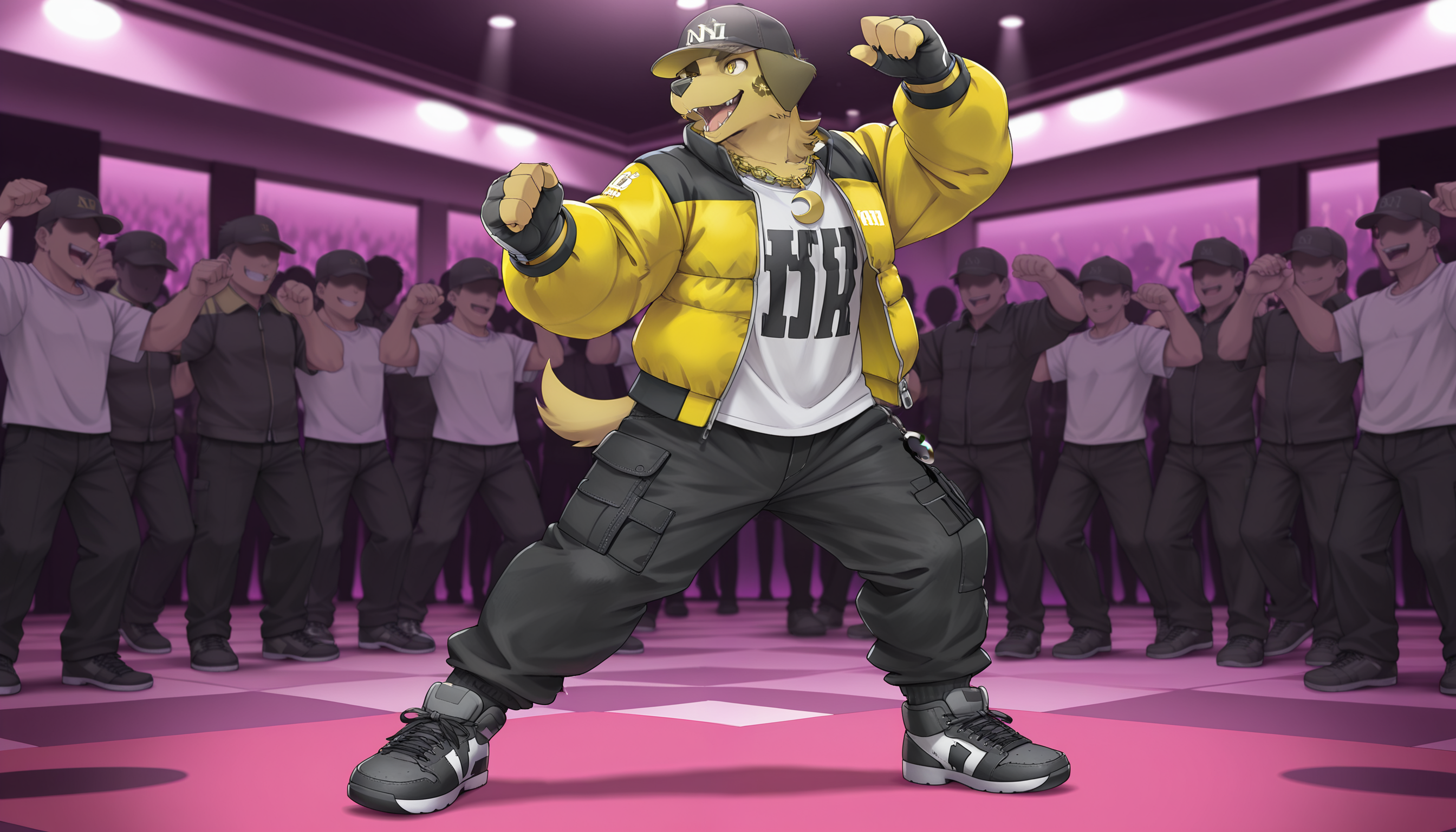 masterpiece, best quality, amazing quality,
Nobumichi, dog boy, yellow eyes,
multicolored puffy jacket, white shirt, chain necklace with crescent charm, black hat, black cargo pants, tennis shoes, black socks, fingerless gloves,
inside nightclub, (dancing:1.2), crowd, dance floor, 