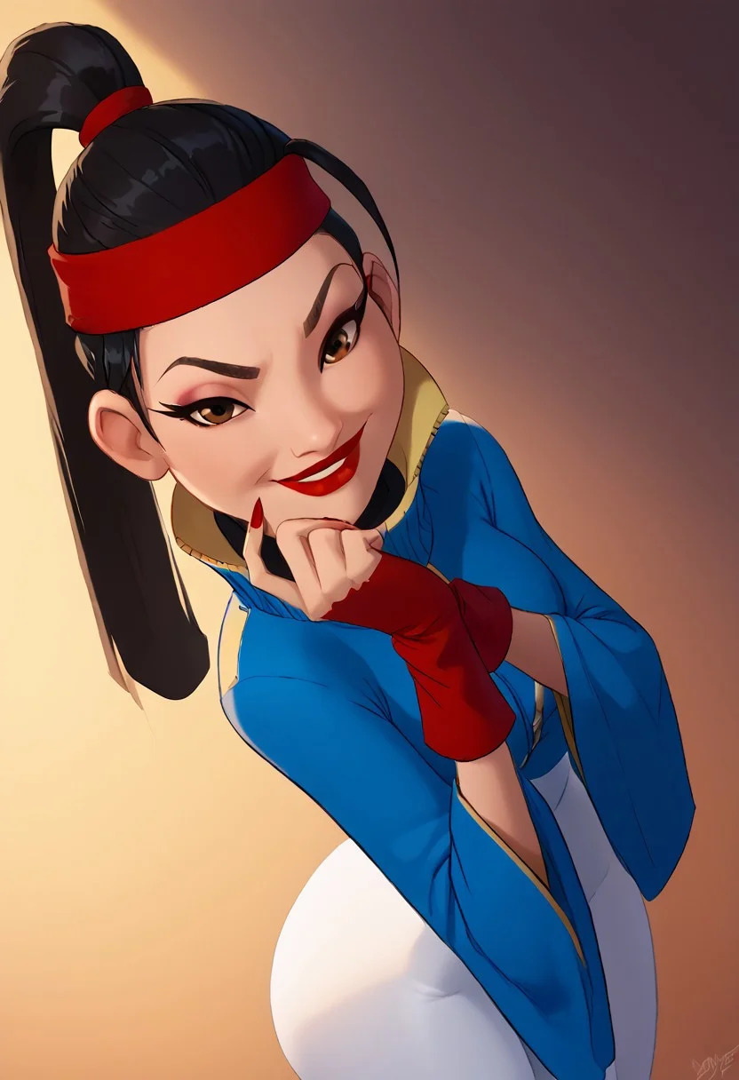 score_9, score_8_up, score_7_up, ultra quality, solo, 1girl, chang'e_tt, 1girl, asian, high ponytail (black hair, red headband), big eyelashes, brown eyes, makeup, red eyeshadow, red lipstick, red nails, red wristbands, blue track jacket (turtleneck, wide sleeves), light blue spandex, smirk, big hips, big butt, bubble butt, breasts, narrow waist, curvy, score_9, score_8_up, score_7_up, score_6_up, looking at the viewer, standing, close up, face focus, aeolus06