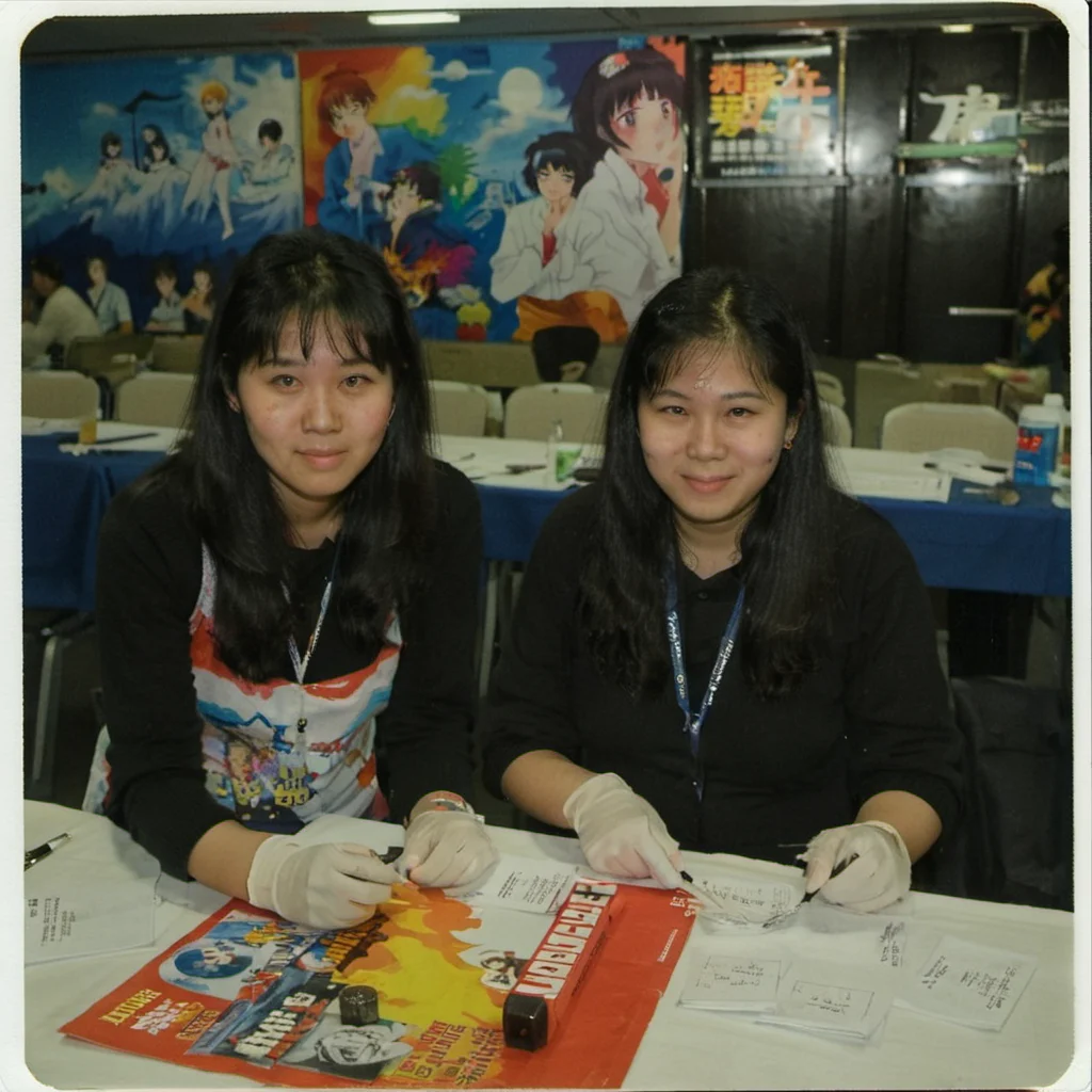 photo of two 25 year old korean women sitting at a anime conference in the afternoon in 1989. <lora:boring-v4-faces-version:0.39> <lora:boring-alpha-v3:0.3> <lora:mj-test-2:0.0> <lora:boring-v4:0.8>