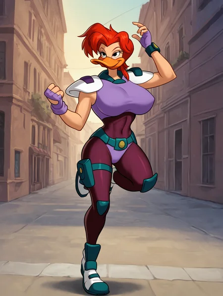 score_7, score_8, score_9, detailed background,outside street,fighting stance,standing on one leg,arms up,standing,,ultra high detailed,masterpiece,full body, BREAK Solo, 1girl,female,seductive eyes,long eyelashes,half closed eyes, furry,anthro, <lora:Mallory_McMallard_Might_Ducks:0.8> mallory_mcmallard, red hair, duck, solo, single, beak, malloryshair, long eyelashes, black eyes, narrow waist, dark red bodysuit, shoulder armor, sleeveless, tight bodysuit, purple top, combatoutfit, fingerless gloves, teal belt,huge breasts,