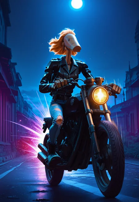 Masterpiece, absurdres, highest quality, highly detailed, newest, 8k, semi-realistic, solo, b1bd, cl4nker, black leather jacket, torn jeans, combat boots, towering Punch Perm hairstyle, riding motorcycle, detailed motorcycle, detailed road, motion lines, speeding, no humans, night, moonlight, detailed background, Scout Bobber